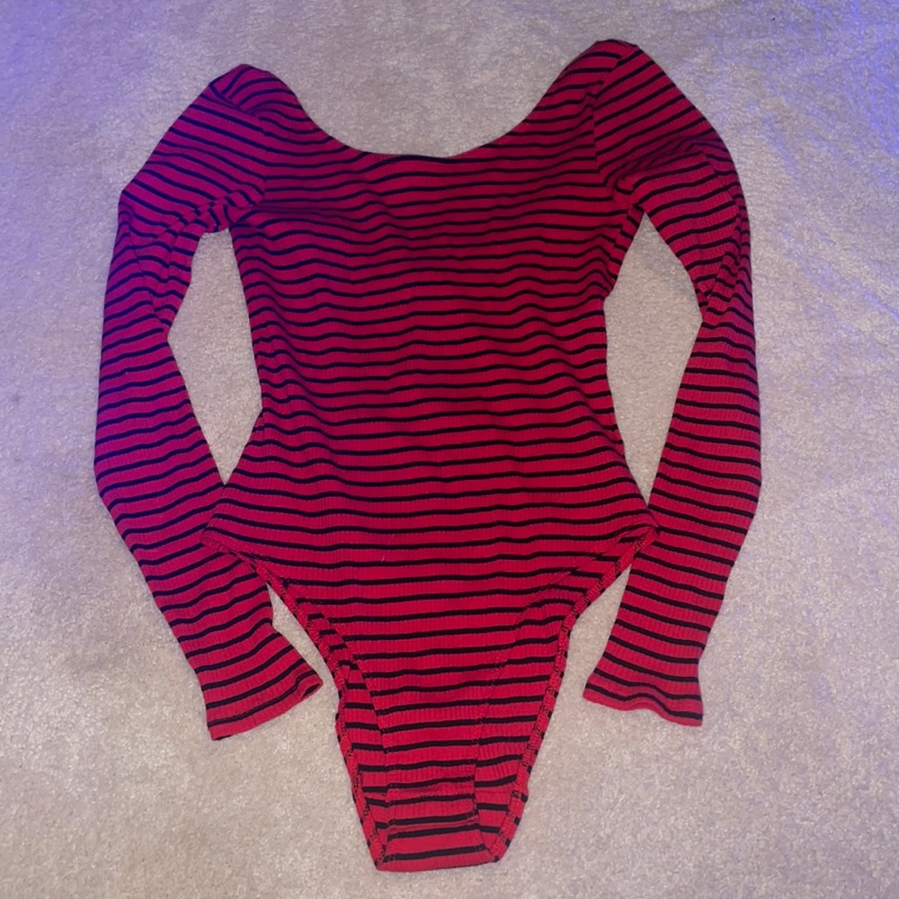red and black striped body suit